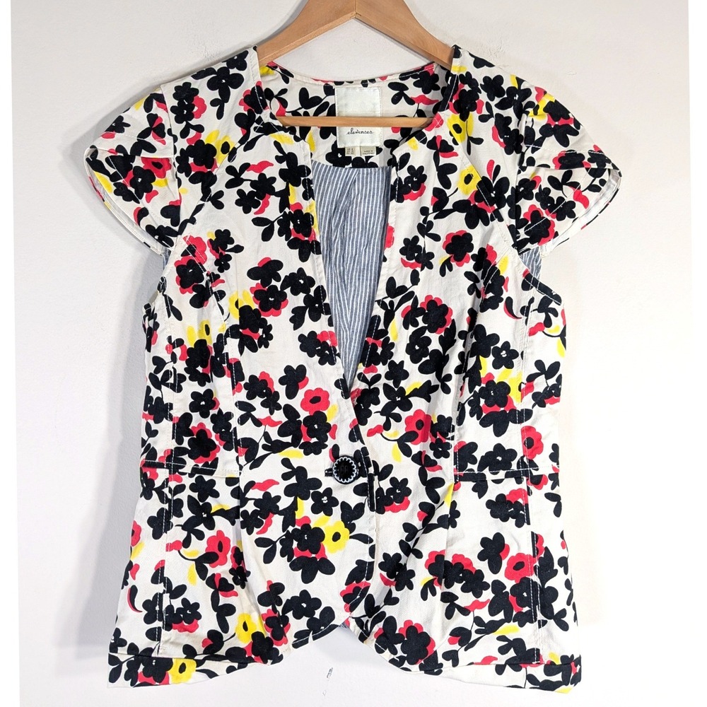 Anthropologie Floral Jacket; Short Sleeve Cotton Blend Blazer